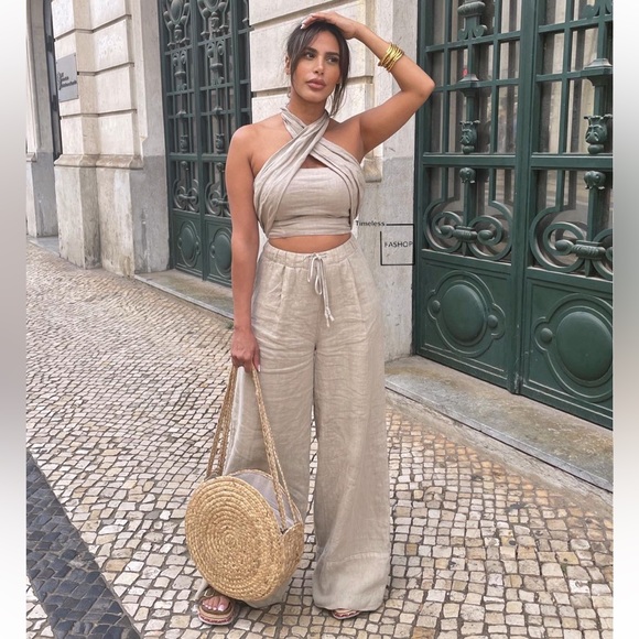 ZARA 2 PIECE LINEN HALTER TOP AND PALAZZO PANTS - Picture 3 of 8